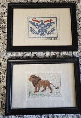 Set 2 Vintage Needlepoint Embroidered Cross Stitch Eagle & Lion Framed Pictures